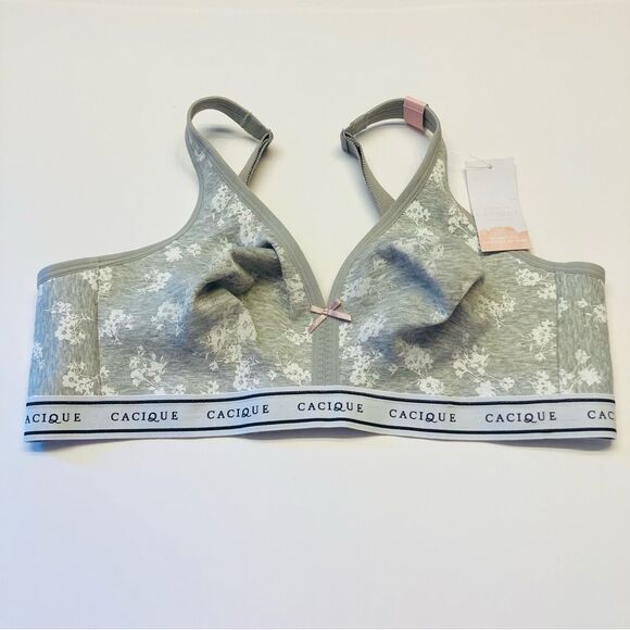Cacique Cotton Unlined Full Coverage No-Wire‎ Bra Plus Size 40C Gray Floral NEW - Picture 1 of 9